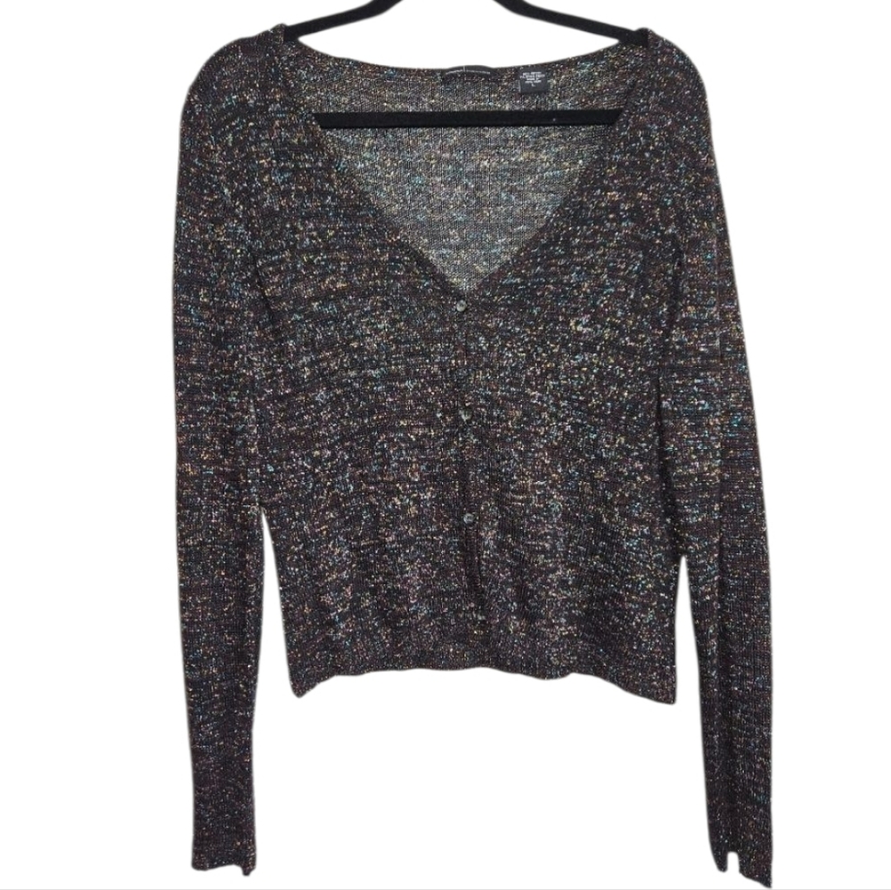 Moda International Black Shimmer Cardigan Button Front Long Sleeve Large